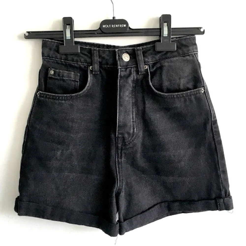 STRADIVARIUS High Waisted Denim Jean Shorts Cuff Black 24